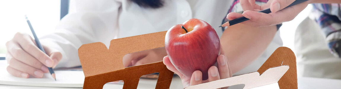 Eine Mitarbeiterin von Lorentzen & Sievers präsentiert einer Kundin ein neues Verpackungsdesign für ihre Äpfel.