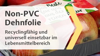 Banner zeigt ein Kartonschale mit Äpfeln, die mit recyclingfähiger Dehnfolie ohne PVC umwickelt ist.