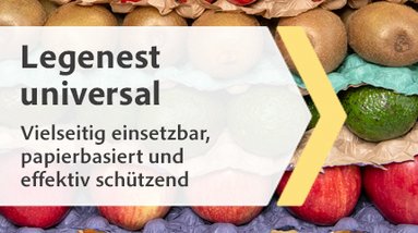 Banner zeigt mehrere Schichten mit verschiedenen Obst und Gemüse, die durch ein papierbasiertes Legenest gestapelt werden können.